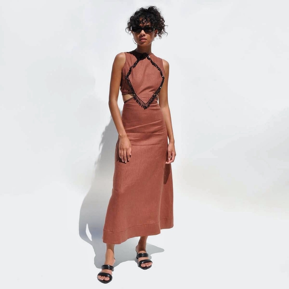 GANNI Embellished Beaded Tassel Hemp Cut Out Brown Midi Dress